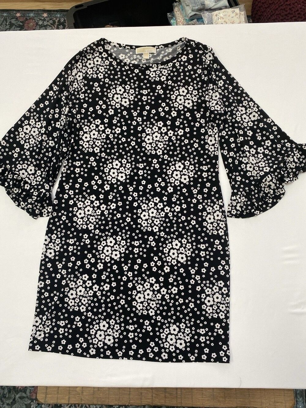 Michael Kors Daisy Floral Bell Sleeve Shift Dress Ruffle Trim Size Large